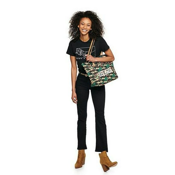 Sonoma Camouflage Handbag Tote My Heart Belongs to a Soldier Typography Green - Picture 2 of 6